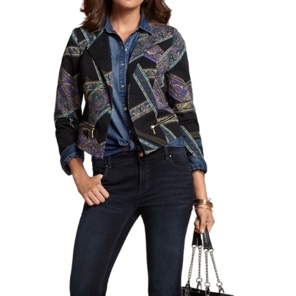 Chico’s Black Paisley Stripe Moto Jacket Size Small/4 Bikercore Versace Vibes - Picture 3 of 13